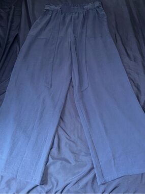 JWD Wide-Leg Navy Women's Pants with Elastic Waist and Adjustable Knot tie
